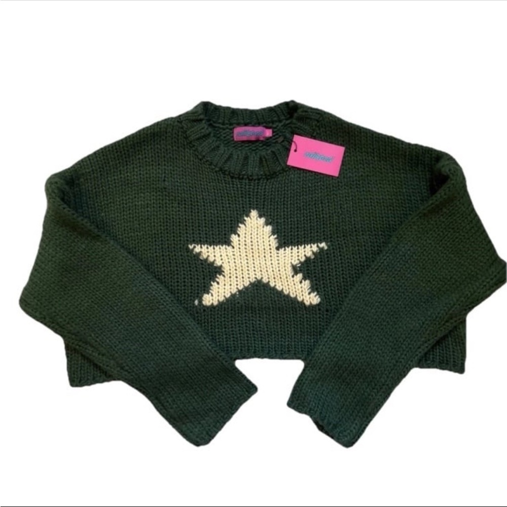 EDIKTED Crop Sweater Women’s M/L Mega Star Intarsia Knit Crewneck Green NWT Boxy